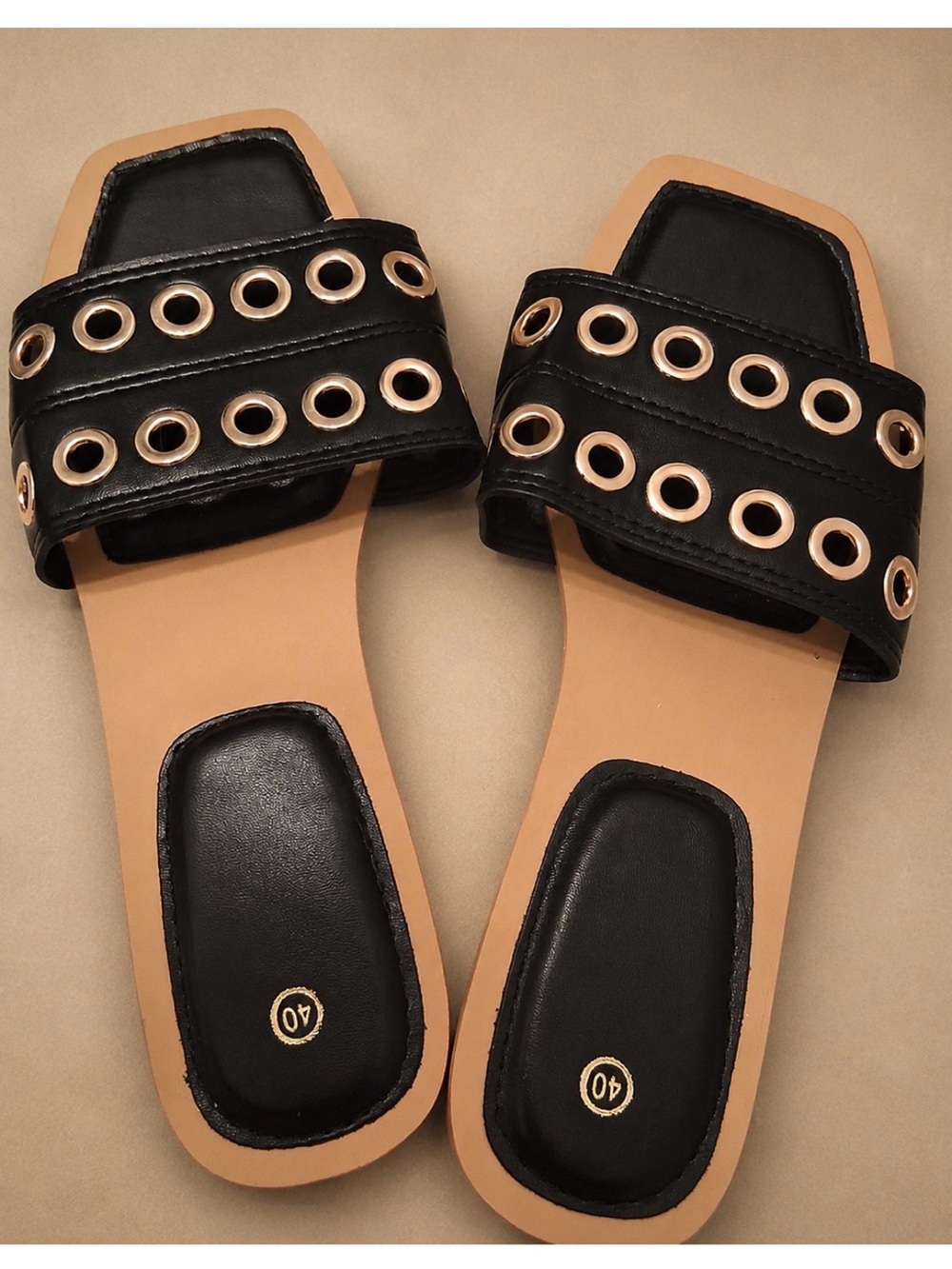 Black Slide Sandals with Gold Grommets - Women's Casual Slip-Ons